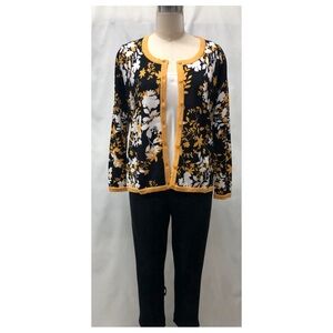 Appleseed's Gold/Mustard Yellow Black White Knit Floral Print Cardigan